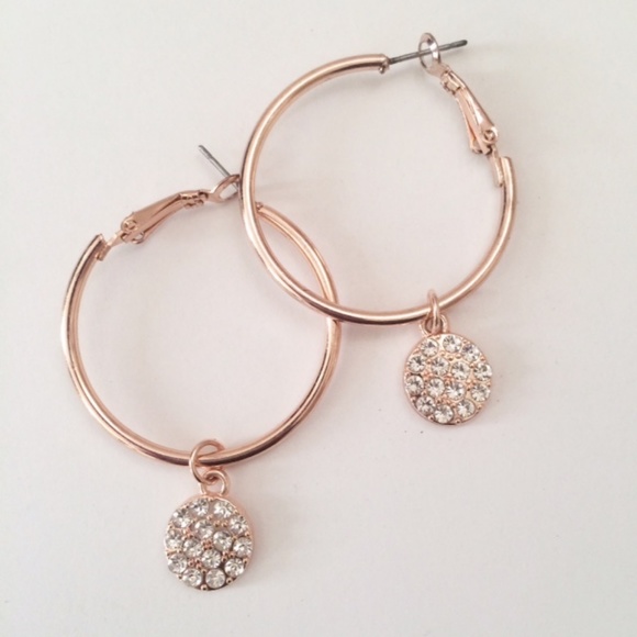 Rose Gold Tone Teardrop Rhinestone Hoop Earrings - Picture 2 of 6